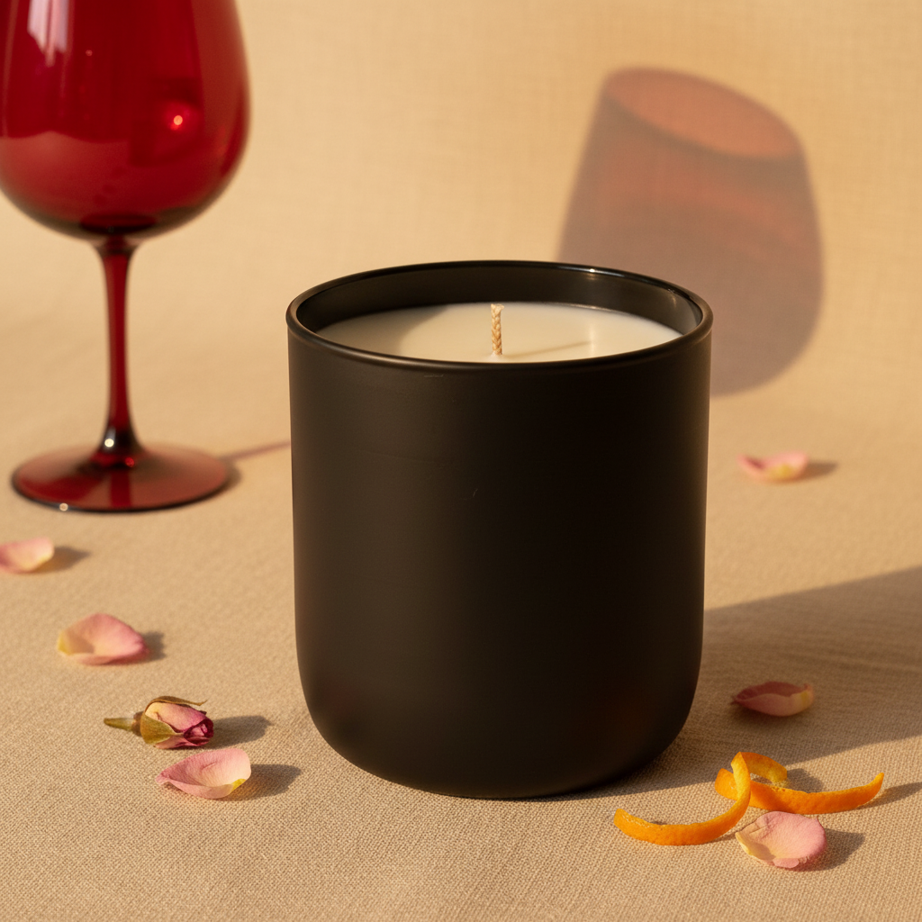 Sangria Nocturne black vessel linen surface bright square