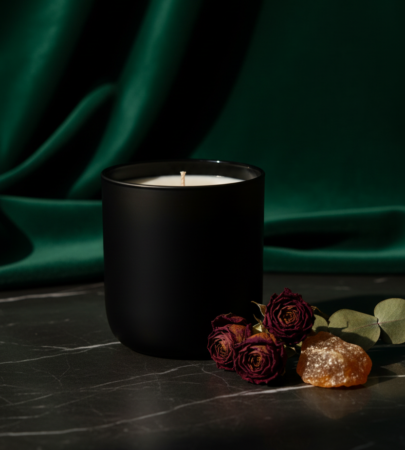 Stone Manor candle in matte black vessel on dark marble with dried roses, eucalyptus, and amber resin against green velvet